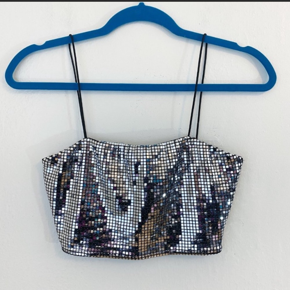 NWT Akira Silver/Black Disco Ball Spaghetti Strap Crop Top Women's Size Medium